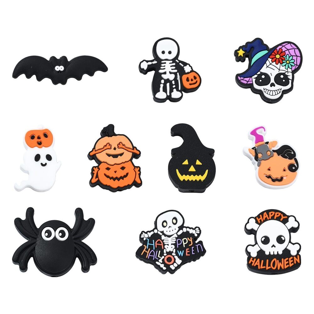 6283 20 pcs 10 Styles Helloween Theme Focal Silicone Beads Skeleton Pumpkin